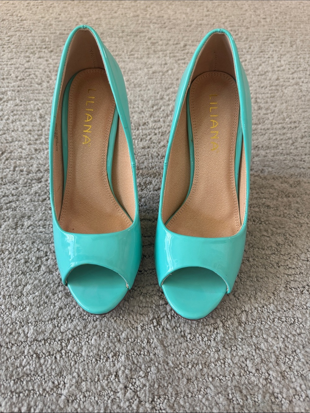 Liliana Teal Patent Peep-Toe Pumps